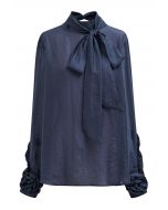 Bowknot Neckline Rose Cuff Sheer Top in Navy