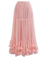 Ruffle Hem Double-Layered Mesh Maxi Skirt in Pink