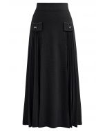 Little Bow Decorated Pleats Knit Maxi Skirt in Black