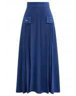 Little Bow Decorated Pleats Knit Maxi Skirt in Indigo