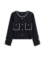 Contrast Whipstitch-Trimmed Buttoned Knit Cardigan in Black