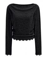 Floral Cutwork Boat Neck Mesh Top in Black