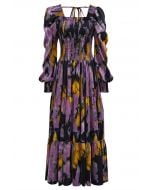 Painting Floral Puff Sleeves Shirred Maxi Dress