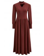 Floral Decor Cut-Out Ribbed Knit Midi Dress in Burgundy