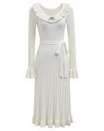 Ruffle Charm Tie Sash Ribbed Knit Dress in White