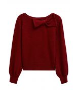 Bowknot-Trimmed Boat Neck Knit Sweater in Red