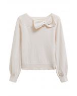 Bowknot-Trimmed Boat Neck Knit Sweater in Ivory