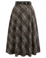 Distinctive Plaid Belted Midi Skirt in Grey