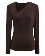 Oblique Ruched Neckline Fitted Top in Brown