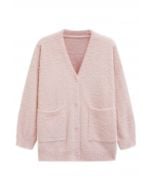 Patch Pocket Button Down Fluffy Knit Cardigan in Pink