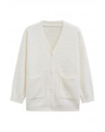 Patch Pocket Button Down Fluffy Knit Cardigan in White