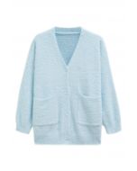 Patch Pocket Button Down Fluffy Knit Cardigan in Baby blue