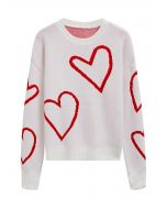 Heart Doodles Crew Neck Knit Sweater in White