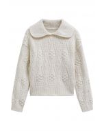 Embossed Dots Collared Knit Sweater in Ivory