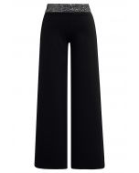 Sequin Accented Waist Straight-Leg Pants in Black