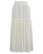 Full Floral Lace Scalloped Hem Maxi Skirt in Cream