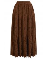 Fuzzy Floral Lace Midi Skirt in Caramel