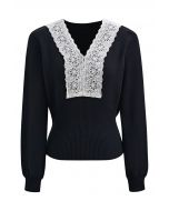 Lace Trim Fitted Knit Top in Black