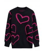 Lovable Heart Crew Neck Knit Sweater in Black