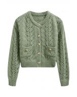 Heart Button Hollow Out Crop Knit Cardigan in Pistachio