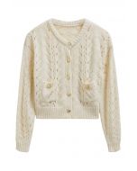 Heart Button Hollow Out Crop Knit Cardigan in Cream