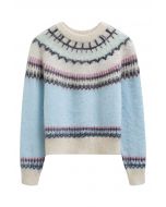 Multicolored Fair Isle Fuzzy Knit Sweater in Baby Blue