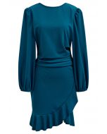 Ruched Side Ruffle Tulip Mini Dress in Teal