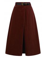 Front Fold Corduroy Belted Midi Skirt