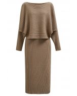 Boat Neck Ribbed Knit Top and Skirt Set in Tan