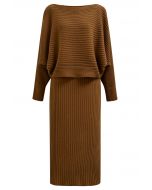 Boat Neck Ribbed Knit Top and Skirt Set in Caramel