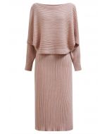 Boat Neck Ribbed Knit Top and Skirt Set in Pink