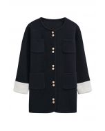 Contrast Cuffs Patch Pockets Buttoned Knit Coat in Black