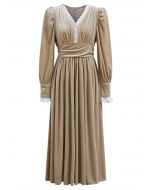 V-Neck Eyelet Embroidery Velvet Midi Dress in Light Tan