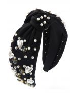 Heart Rhinestone Pearl Knotted Headband in Black