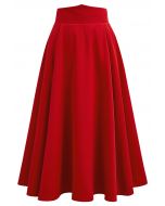 Solid Red High-Waist A-Line Midi Skirt