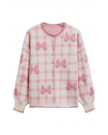 Bowknot Jacquard Check Buttoned Knit Cardigan in Pink