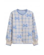 Bowknot Jacquard Check Buttoned Knit Cardigan in Baby Blue