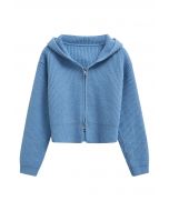 Double-Zip Hooded Crop Knit Cardigan in Blue