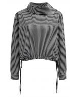 Buttoned Side Flap Collar Stripe Shirt in Black