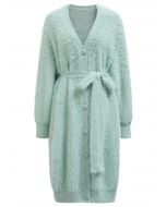 Tie Waist Button Fluffy Knit Longline Cardigan in Mint