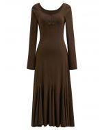 Scoop Neckline Flare Hem Midi Dress in Brown