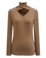 Crisscross Cutout Neckline Long Sleeve Top in Camel