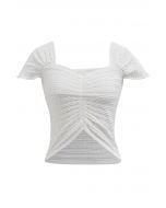 Sweetheart Neckline Shirred Crop Knit Top in White