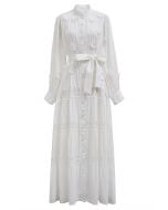 3D Floret Embellished Cutwork Lace Button Down Maxi Dress in White