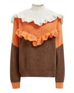 Color Block Ruffle Trim Knit Sweater