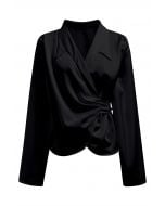 Pointed Collar Self-Tie Wrap Satin Shirt in Black