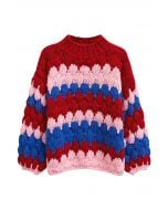 Color Blocked High Neck Hand-Knit Chunky Sweater in Red