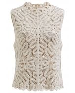 Winding Lace Crochet Mock Neck Sleeveless Buttoned Top