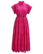 Collared Eyelet Embroidery Buttoned Midi Dress in Hot Pink