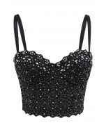 Rhinestone Lace Embroidered Bustier Mesh Crop Top in Black